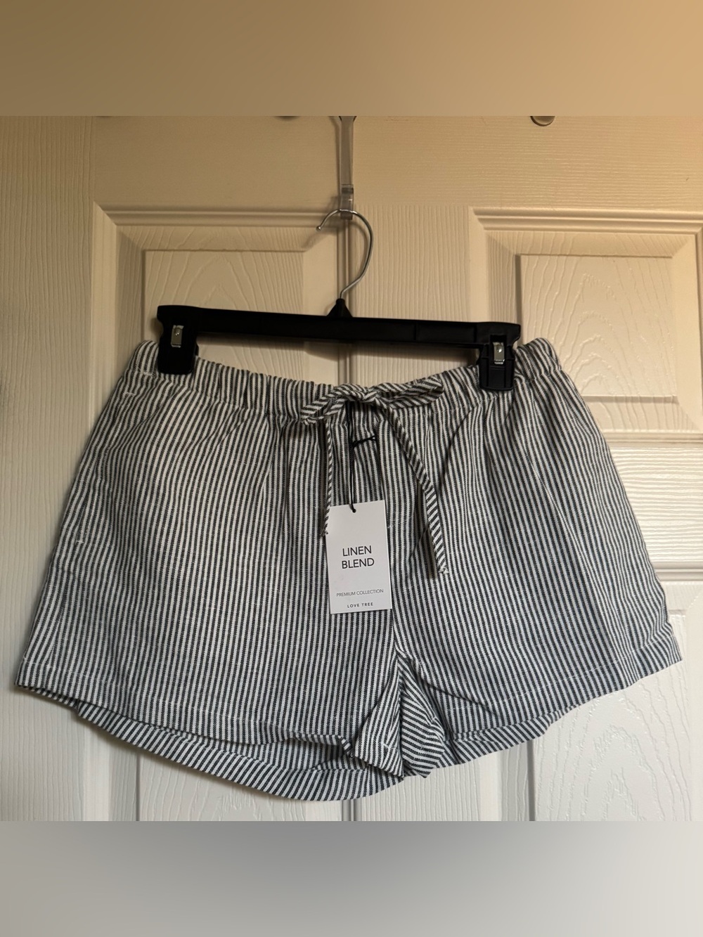 NWT Love Tree Linen Blend Black & White Striped Drawstring Shorts, Various Sizes